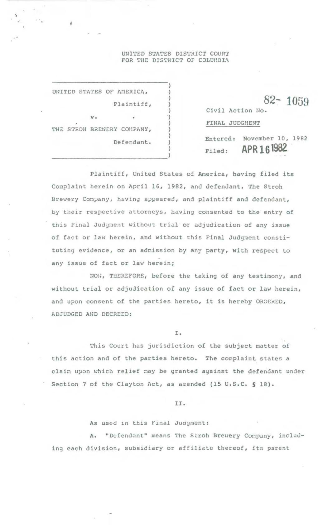 Final Judgment: U.S. V. the Stroh Brewery Company