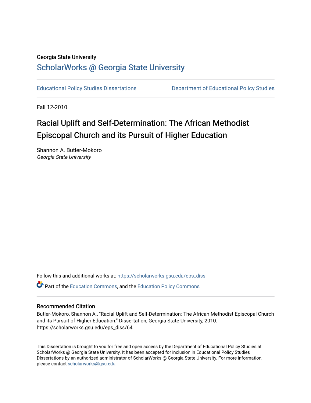 Racial Uplift and Self-Determination: the African Methodist Episcopal Church and Its Pursuit of Higher Education