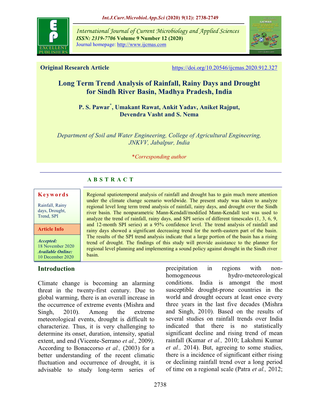 Long Term Trend Analysis of Rainfall, Rainy Days and Drought for Sindh River Basin, Madhya Pradesh, India