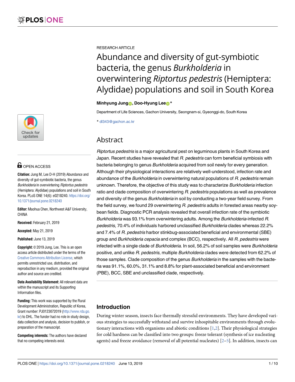 Riptortus Pedestris (Hemiptera: Alydidae) Populations and Soil in South Korea