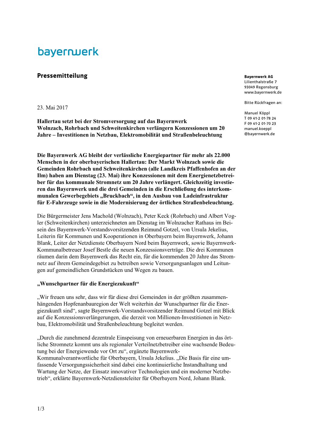 Pressemitteilung Bayernwerk AG Lilienthalstraße 7 93049 Regensburg