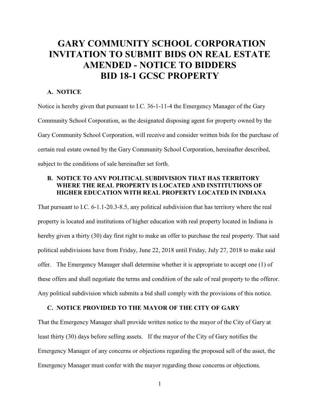 Gary Community School Corporation Invitation to Submit Bids on Real Estate Amended - Notice to Bidders Bid 18-1 Gcsc Property