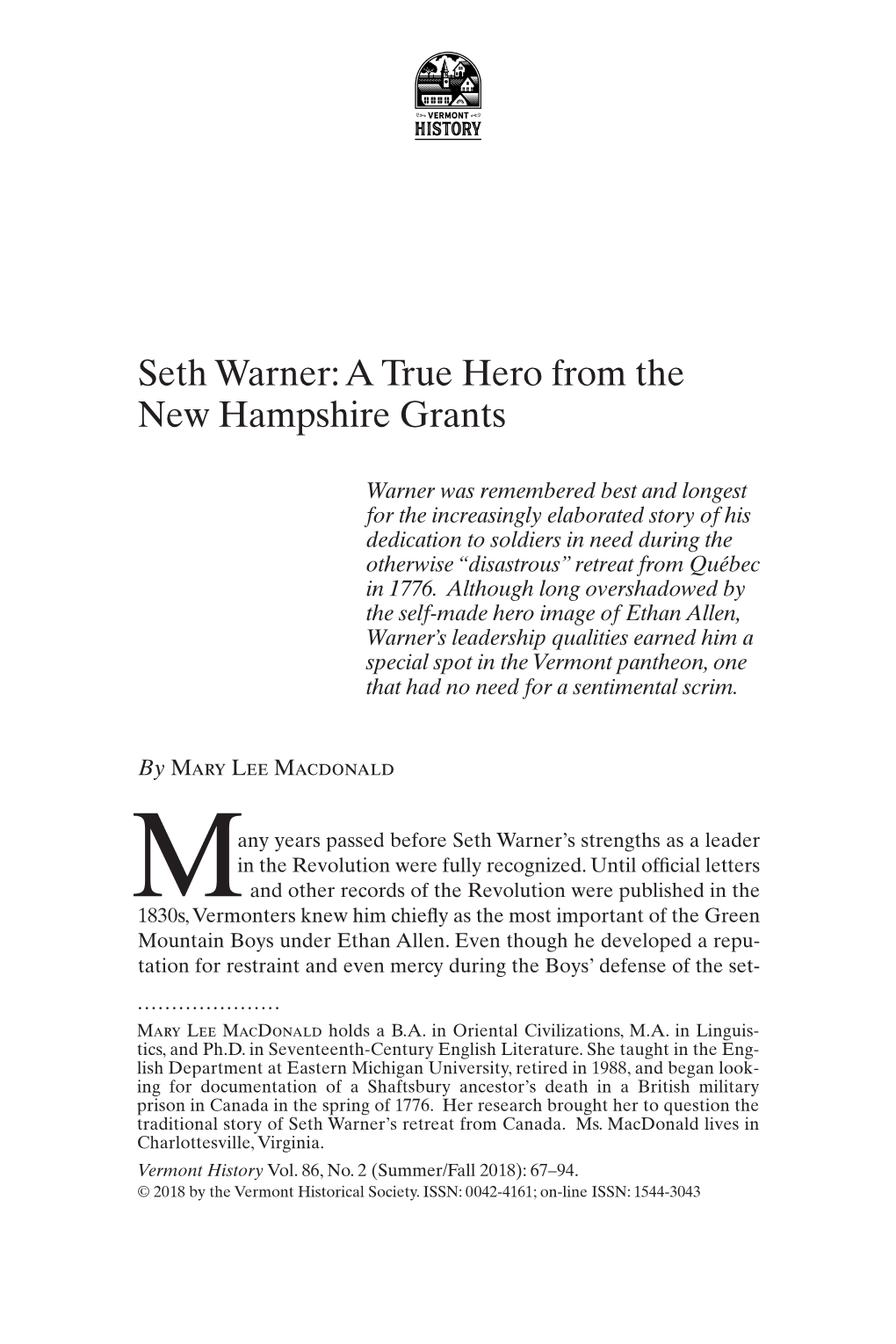 Seth Warner: a True Hero from the New Hampshire Grants