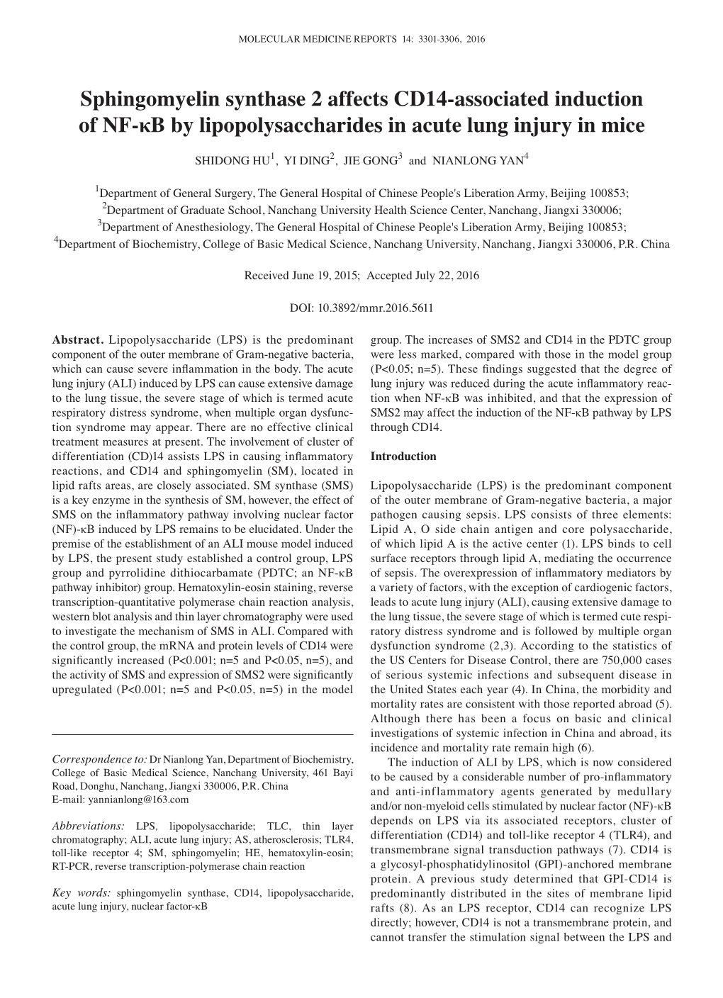 Sphingomyelin Synthase 2 Affects CD14‑Associated Induction of NF‑Κb by Lipopolysaccharides in Acute Lung Injury in Mice