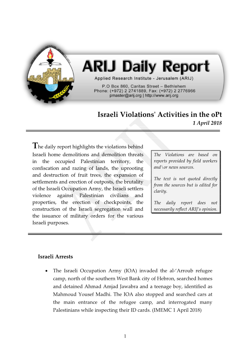 Israeli Violations' Activities in the Opt 1 April 2018