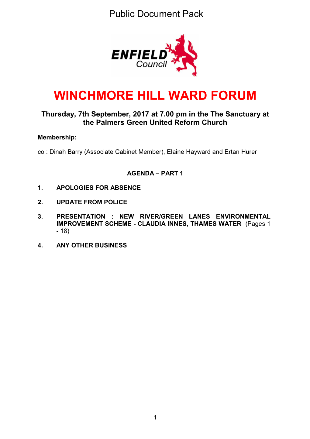 (Public Pack)Agenda Document for Winchmore Hill Ward Forum, 07/09