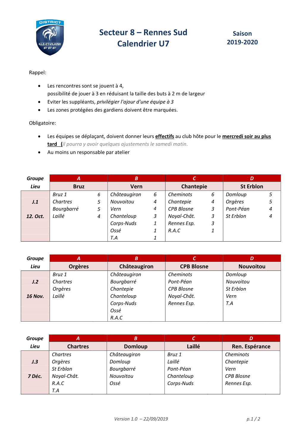 Rennes Sud Calendrier U7