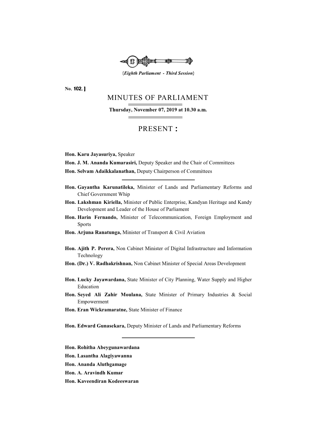 Minutes of Parliament Present