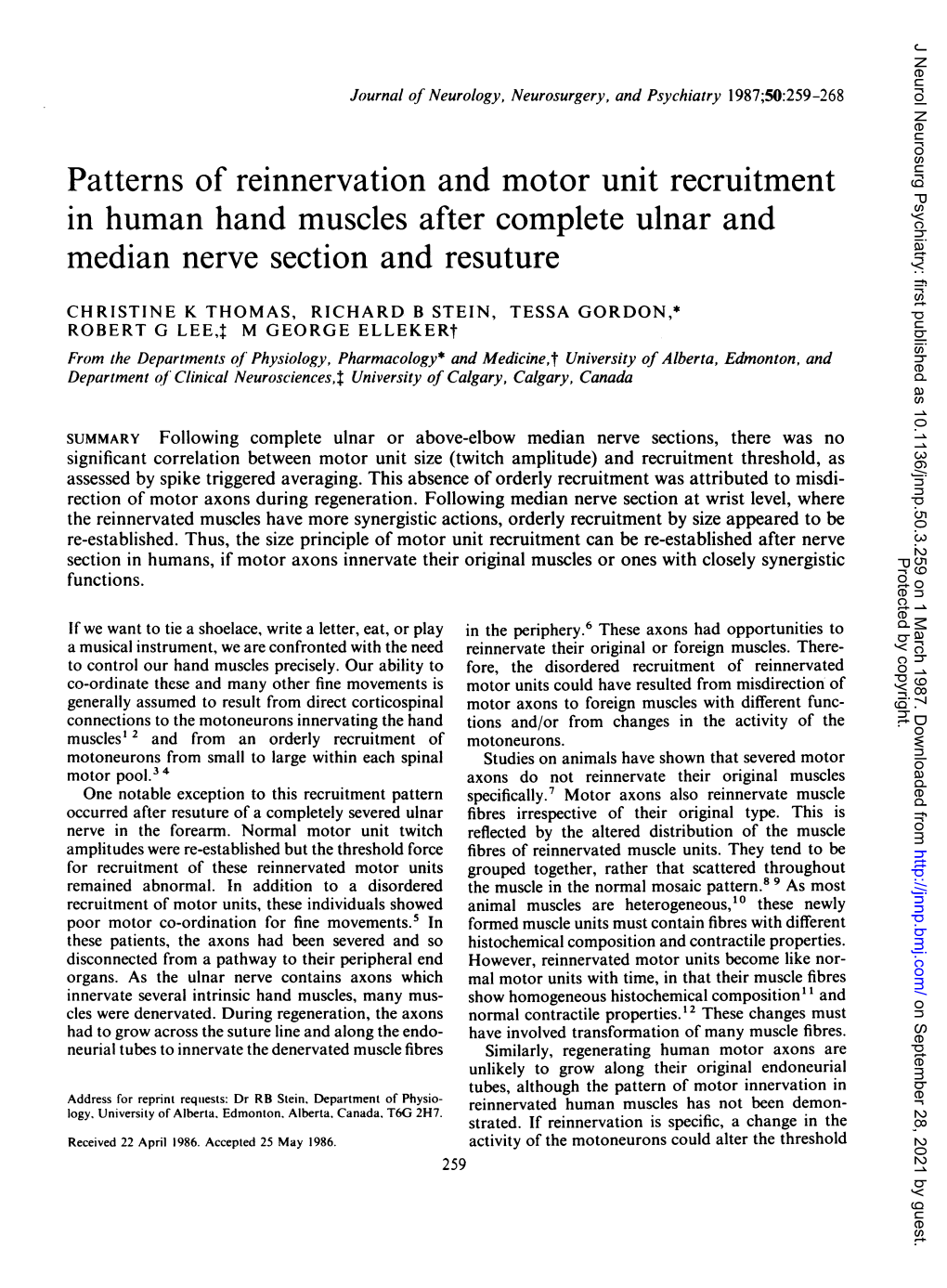 Patterns of Reinnervation and Motor Unit Recruitment in Human Hand Muscles After Complete Ulnar and Median Nerve Section and Resuture