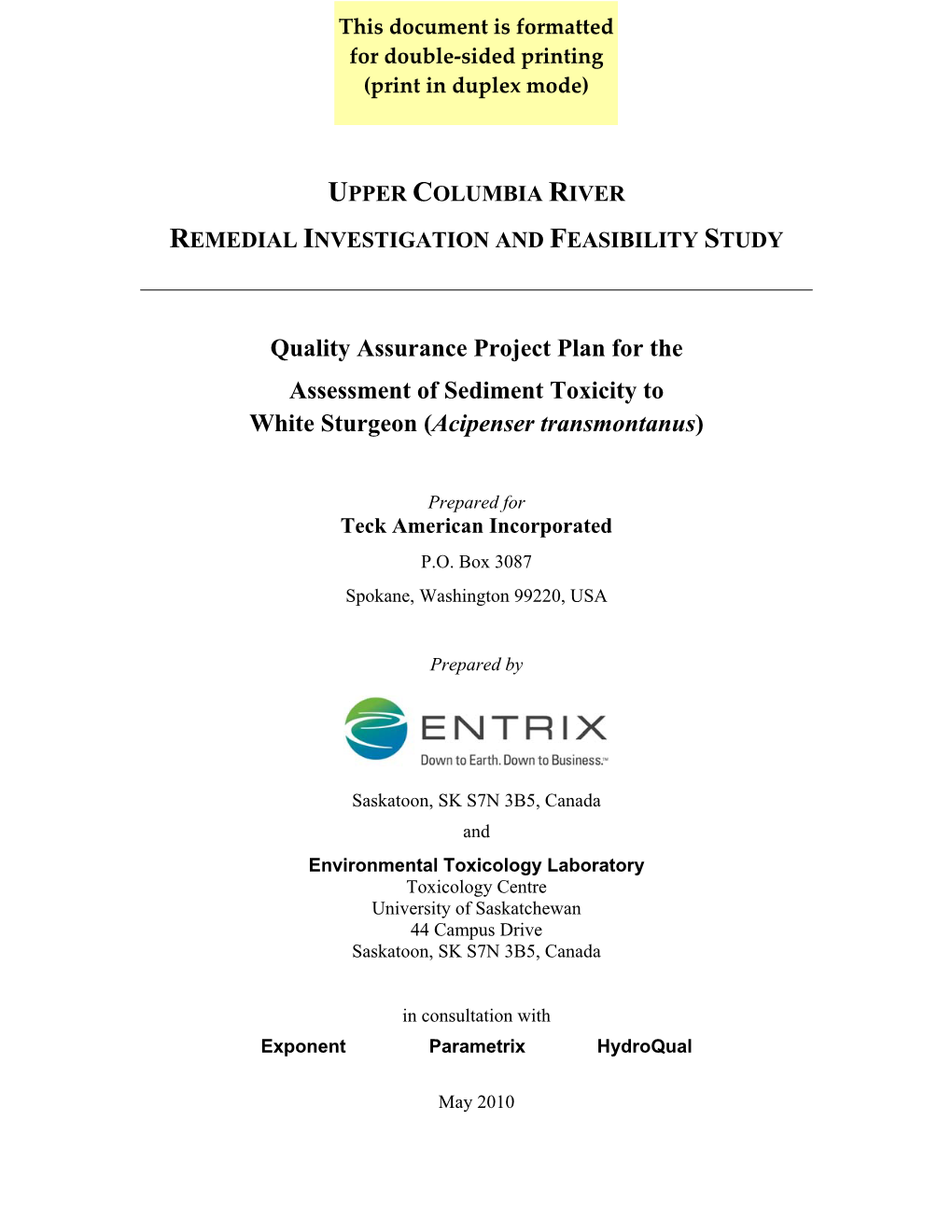 Quality Assurance Project Plan for the Assessment of Sediment Toxicity to White Sturgeon (Acipenser Transmontanus)