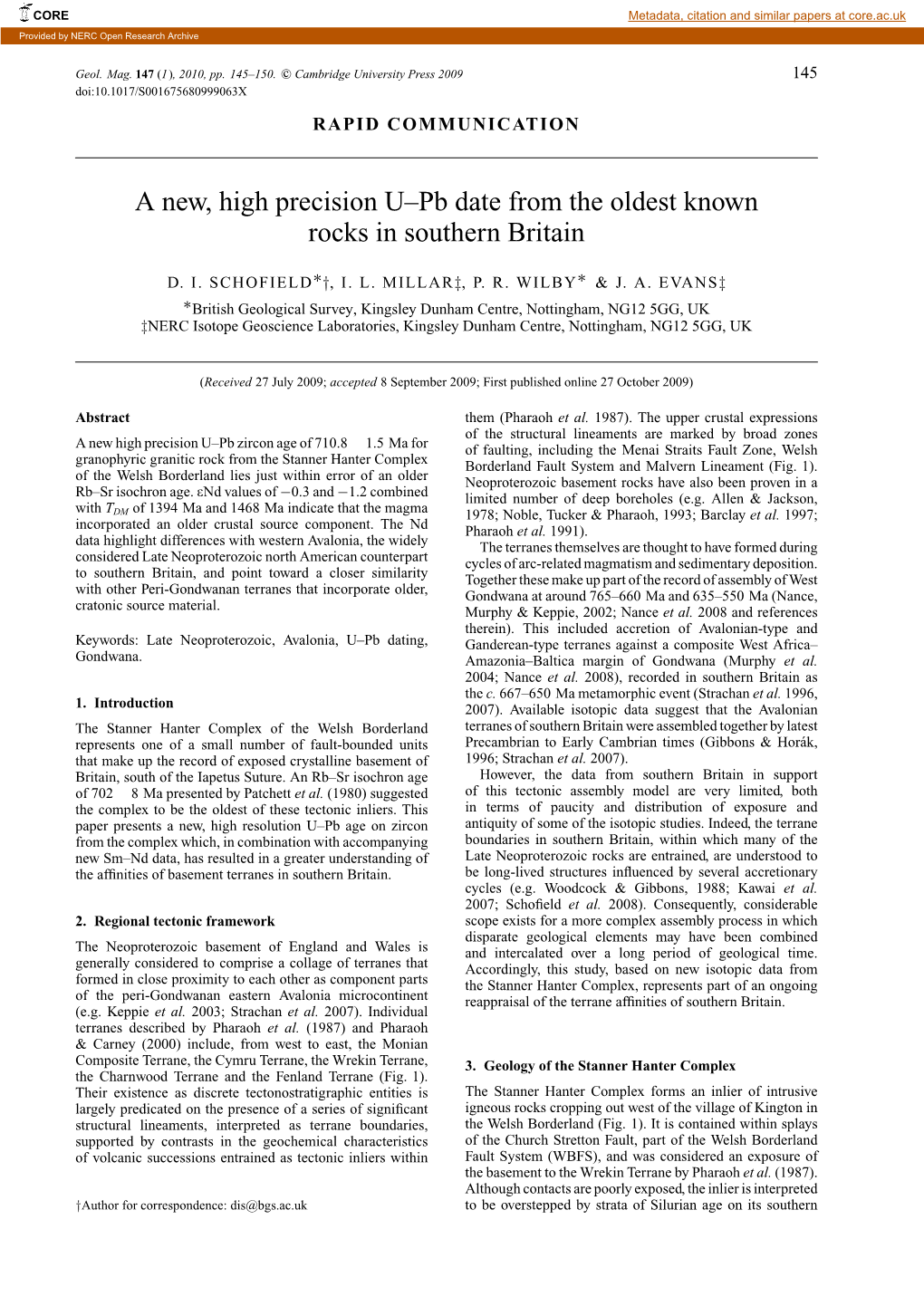 A New, High Precision U–Pb Date from the Oldest Known Rocks in Southern Britain