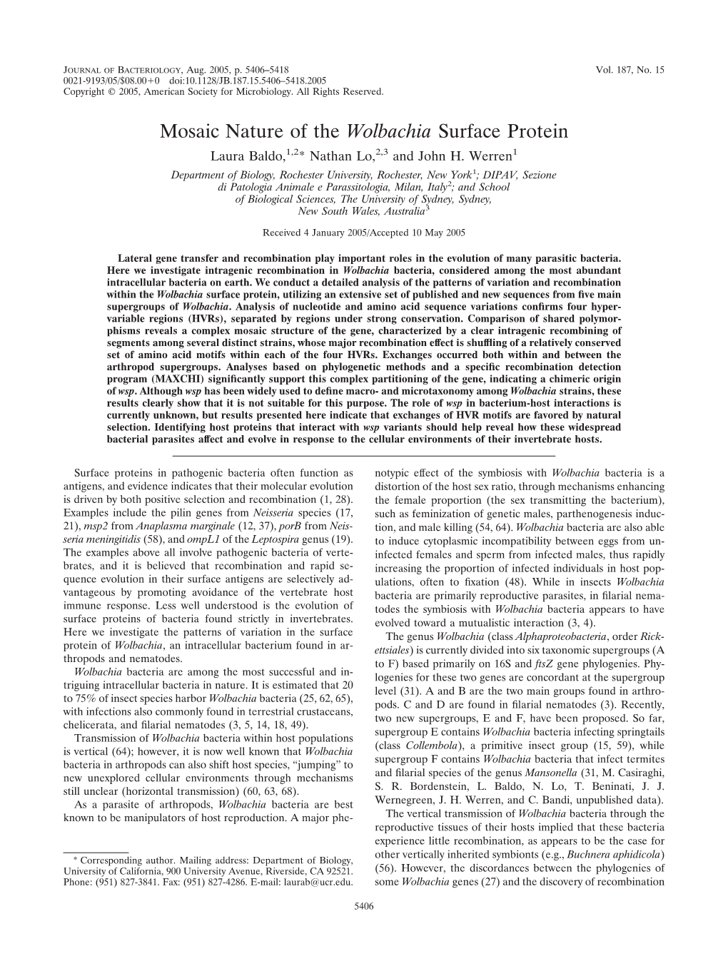 Mosaic Nature of the Wolbachia Surface Protein Laura Baldo,1,2* Nathan Lo,2,3 and John H