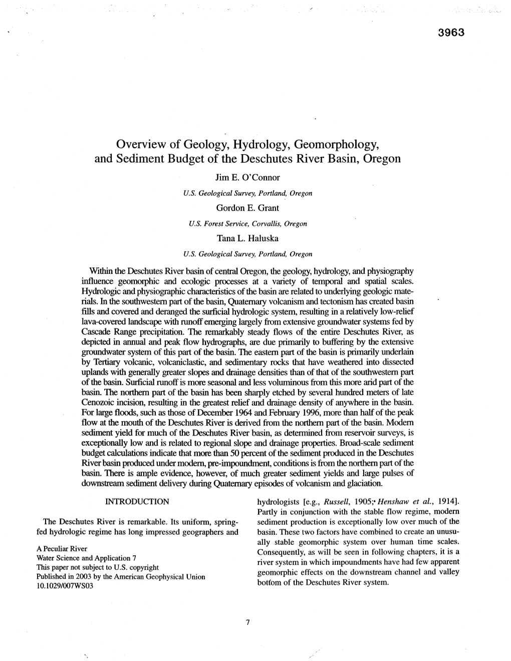 Overview of Geology, Hydrology, Geomorphology, and Sediment Budget of the Deschutes River Basin, Oregon Jim E