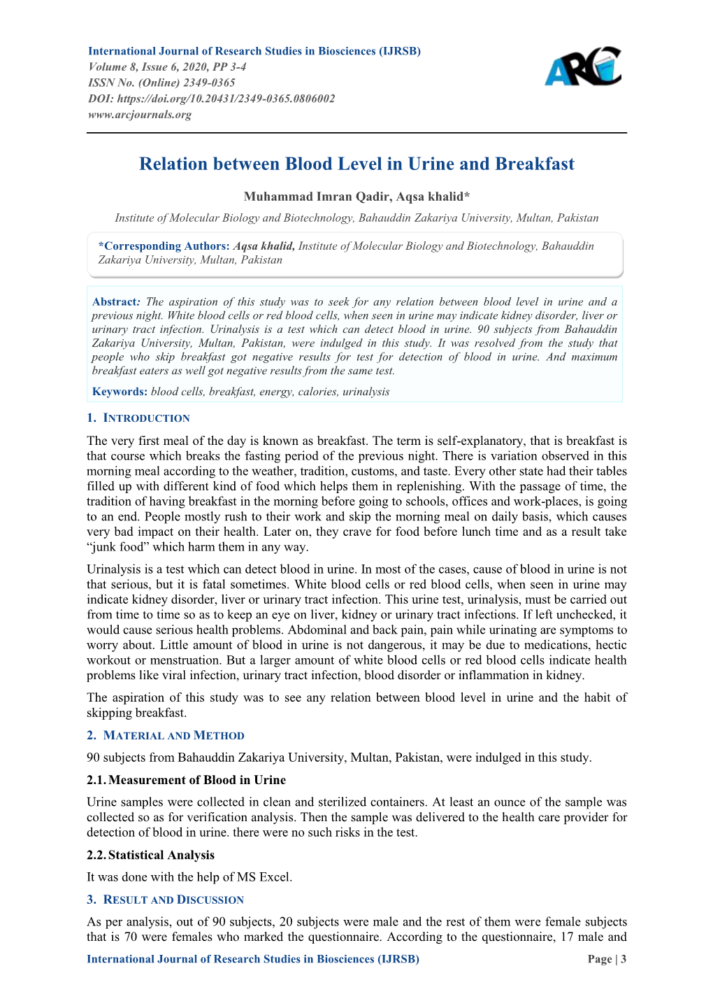 Relation Between Blood Level in Urine and Breakfast