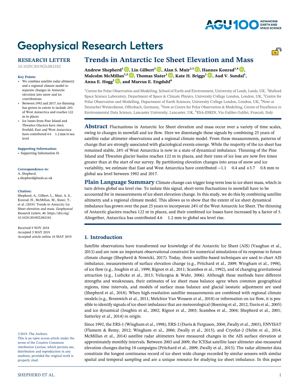 Trends in Antarctic Ice Sheet Elevation and Mass 10.1029/2019GL082182 Andrew Shepherd1 , Lin Gilbert2 , Alan S