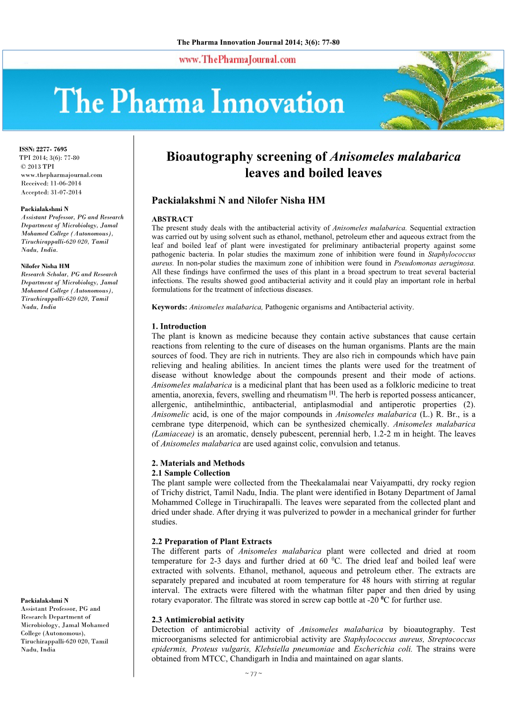 Bioautography Screening of Anisomeles Malabarica Leaves And