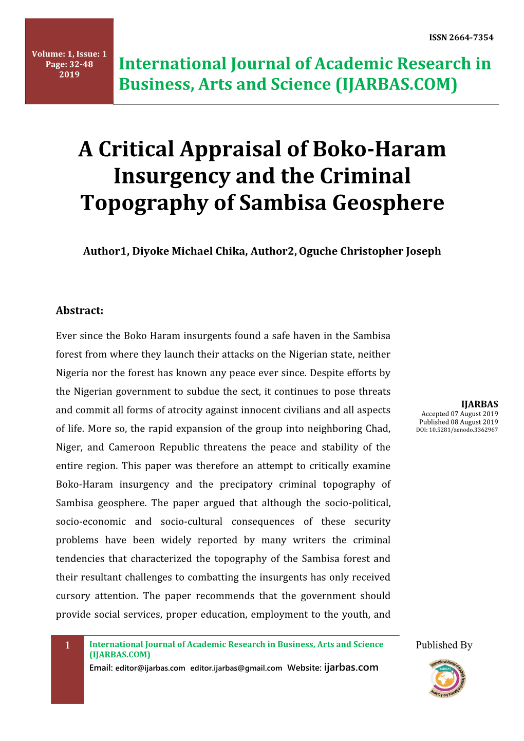 A Critical Appraisal of Boko-Haram Insurgency and the Criminal Topography of Sambisa Geosphere