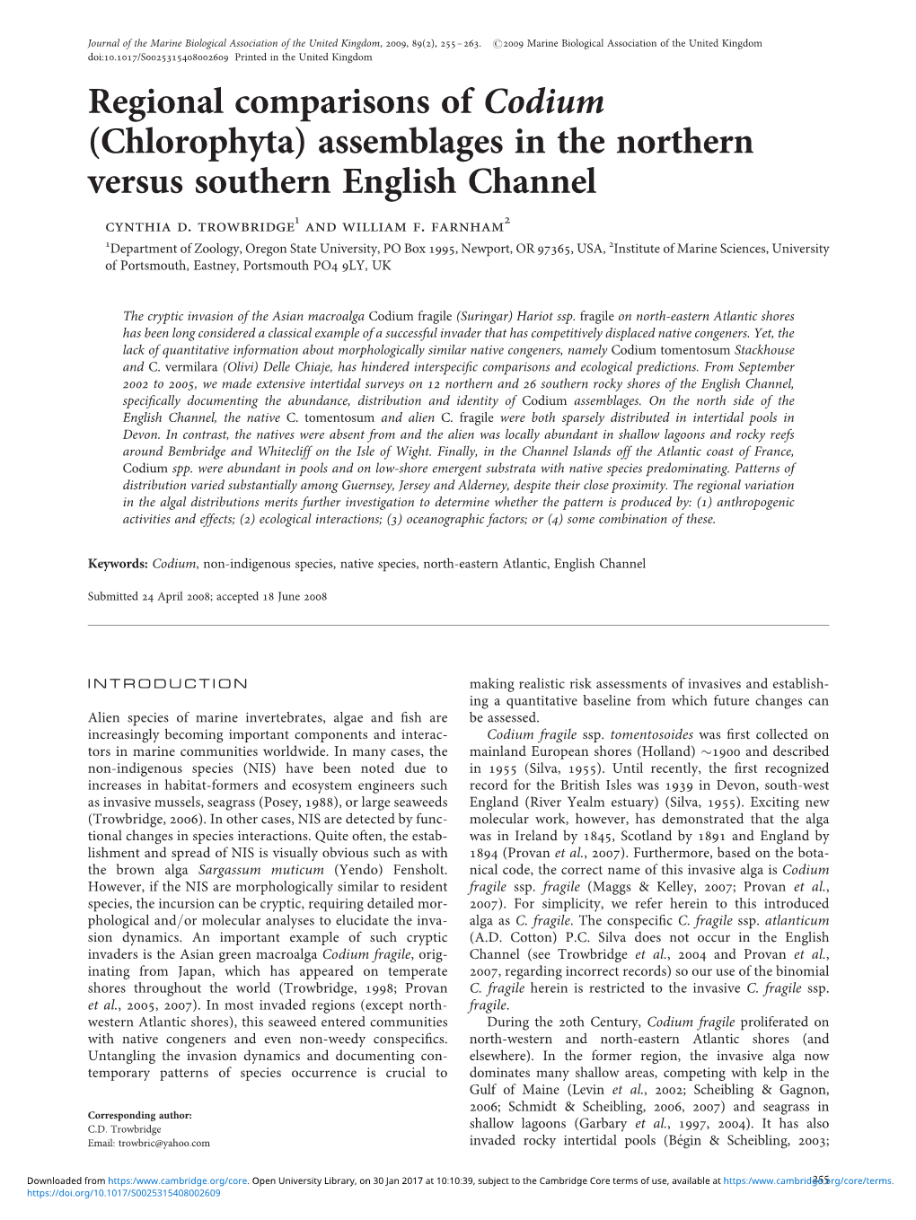 Regional Comparisons of Codium (Chlorophyta) Assemblages in the Northern Versus Southern English Channel Cynthia D