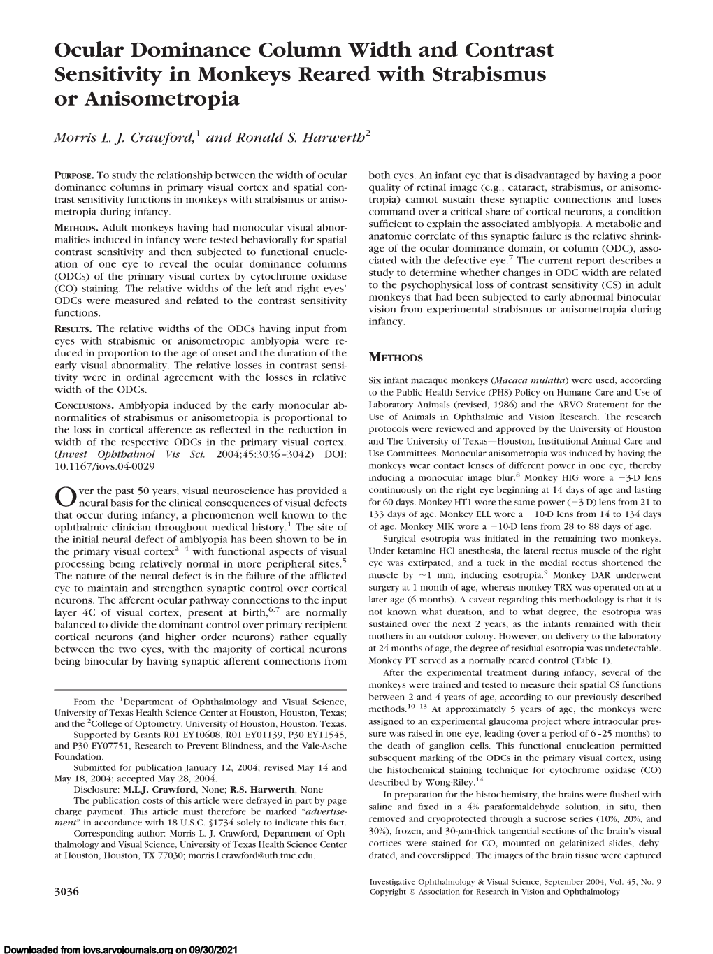 Ocular Dominance Column Width and Contrast Sensitivity in Monkeys Reared with Strabismus Or Anisometropia