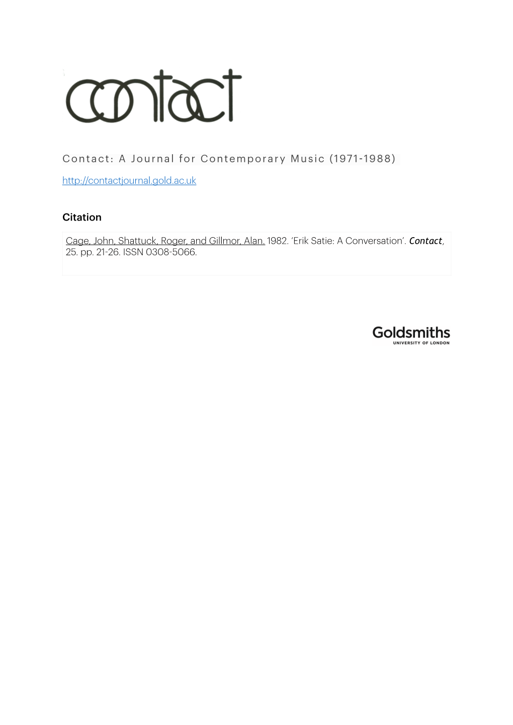 Contact: a Journal for Contemporary Music (1971-1988)