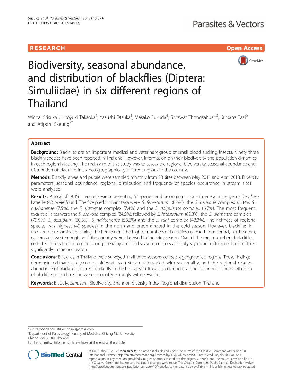 Biodiversity, Seasonal Abundance, and Distribution of Blackflies