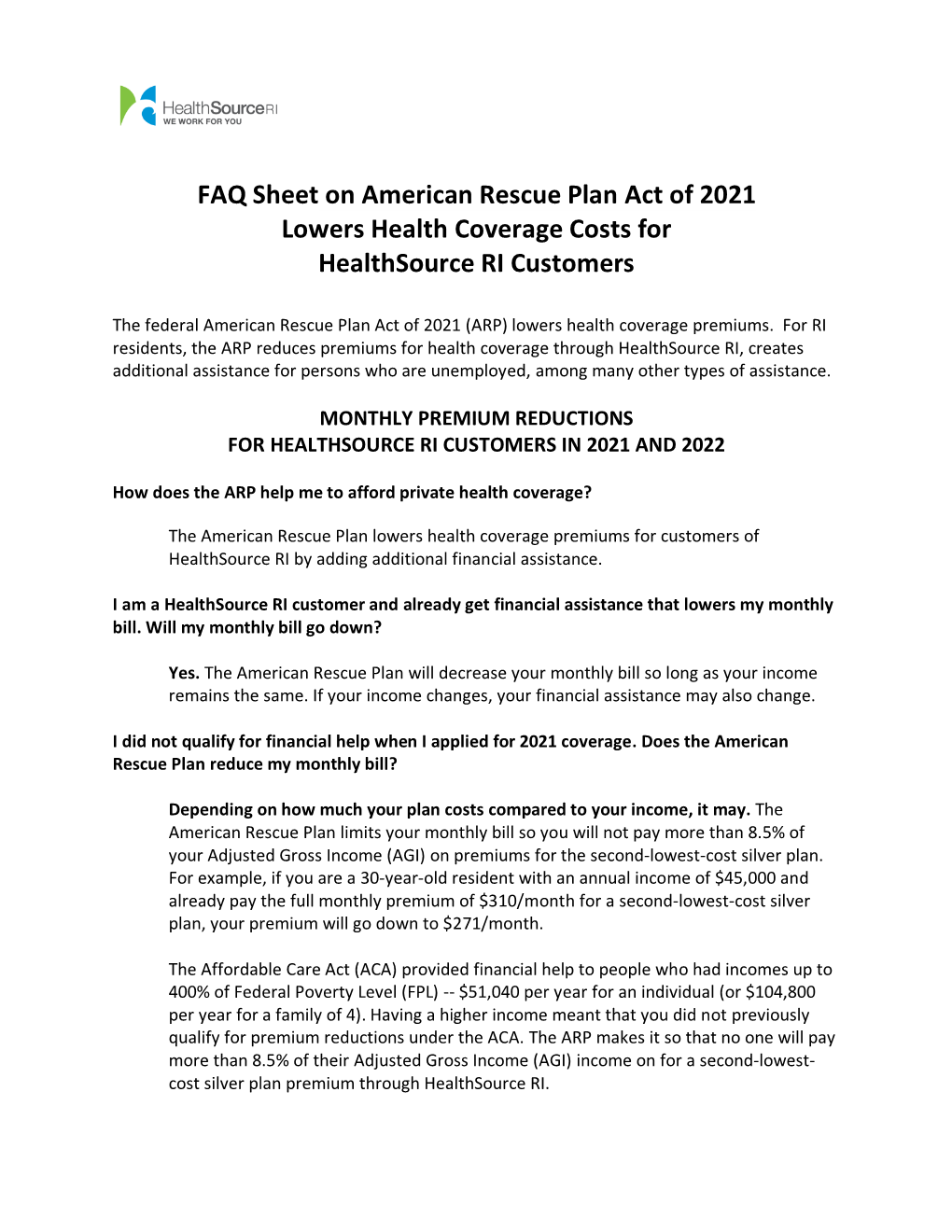 FAQ Sheet on American Rescue Plan Act of 2021 Lowers Health Coverage Costs for Healthsource RI Customers