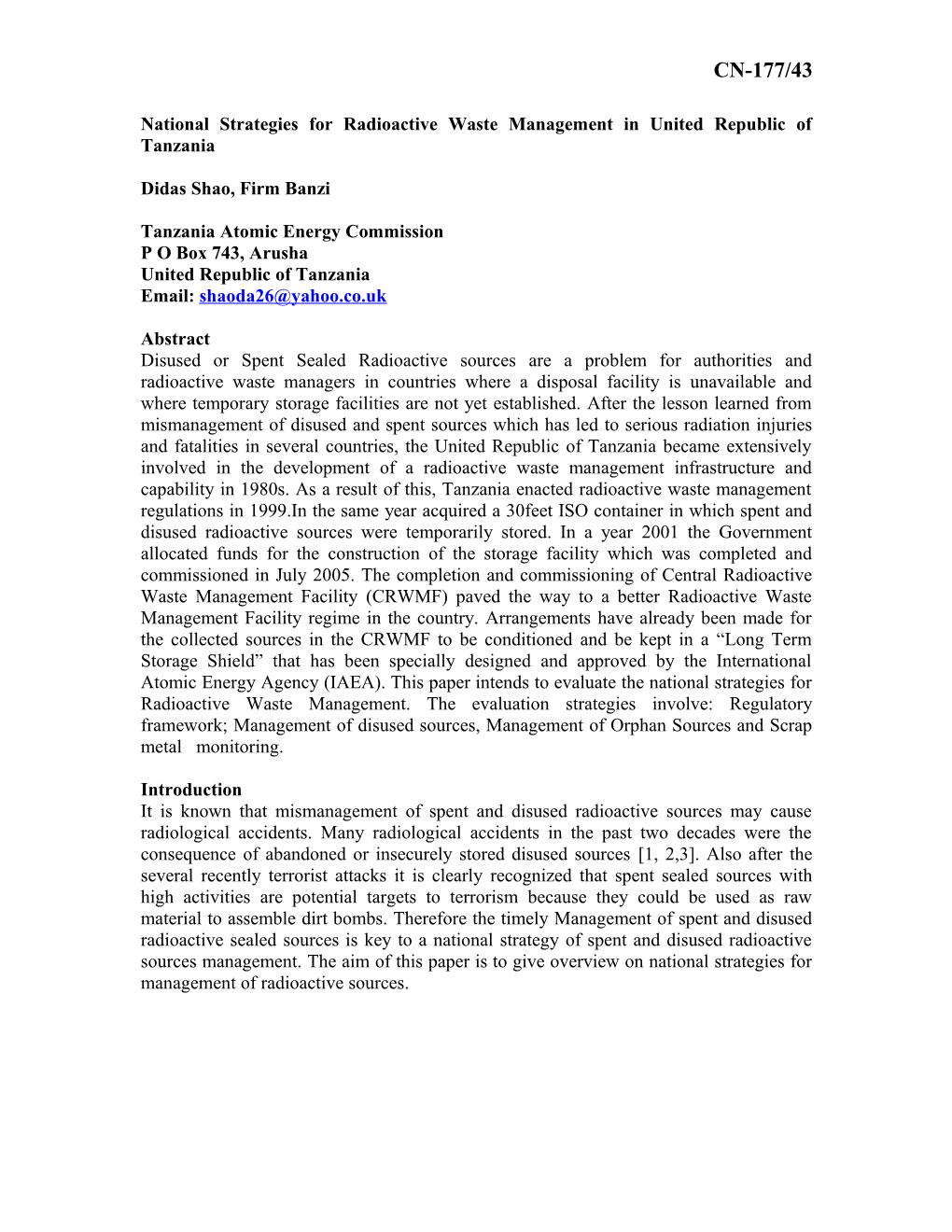 Status of Radioactive Waste Management in United Republic of Tanzania After Goiania Accident