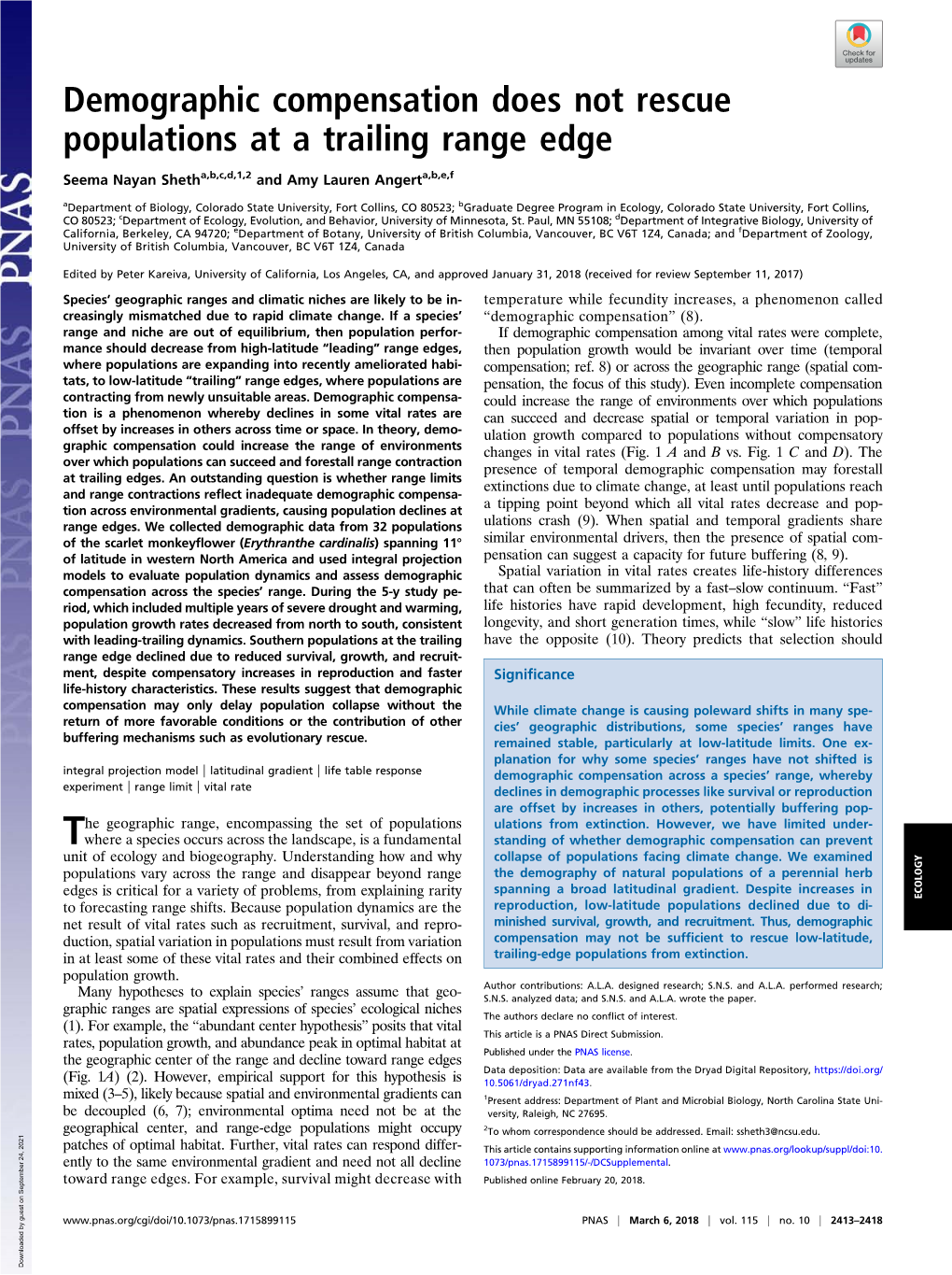 Demographic Compensation Does Not Rescue Populations at a Trailing Range Edge