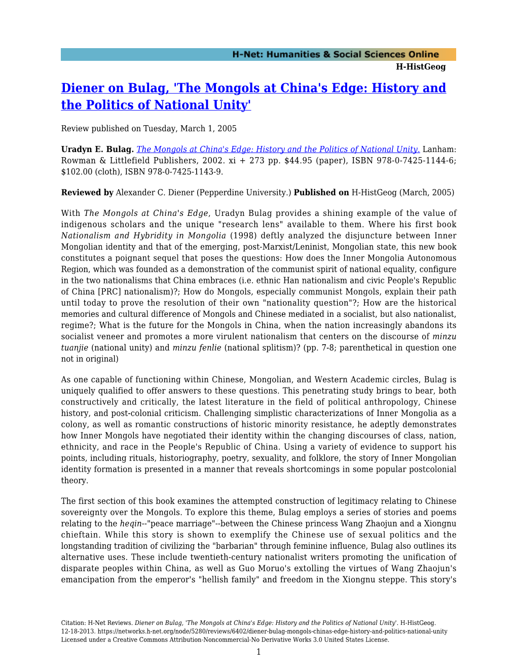Diener on Bulag, 'The Mongols at China's Edge: History and the Politics of National Unity'
