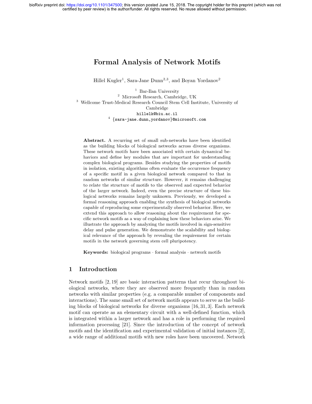 Formal Analysis of Network Motifs