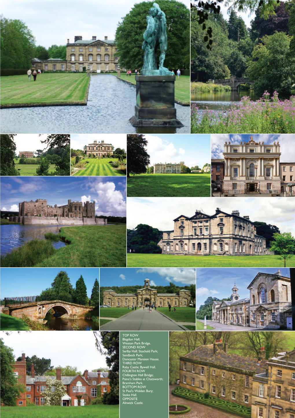 TOP ROW Blagdon Hall; Weston Park Bridge. SECOND ROW Serlby Hall; Stockeld Park; Sandbeck Park; Doncaster Mansion House