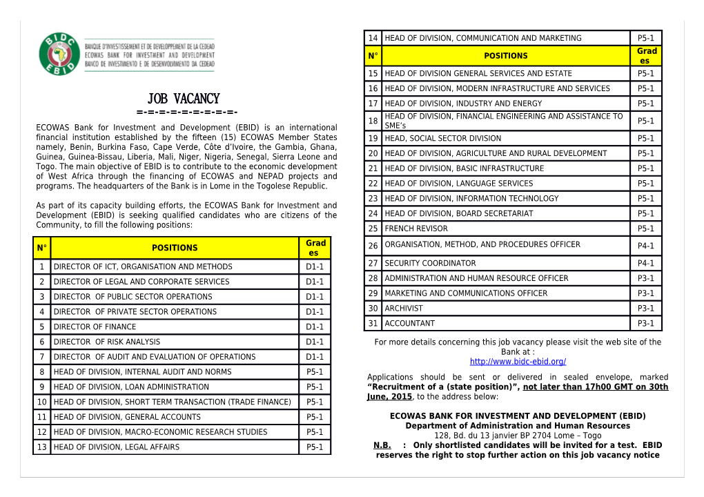 ECOWAS Bank for Investment and Development (EBID) Is an International Financial Institution