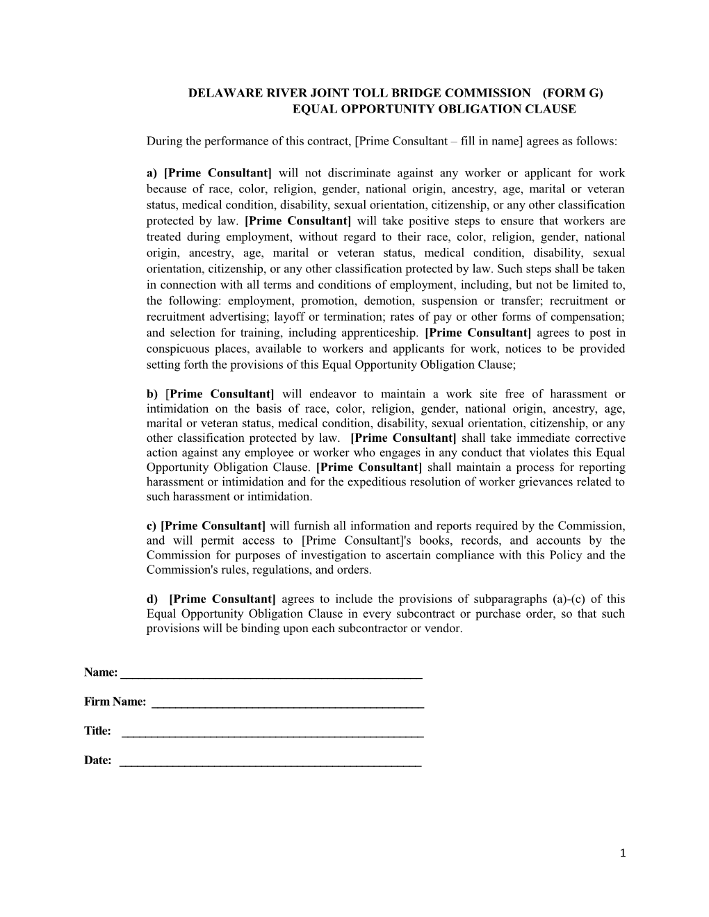 Delaware River Joint Toll Bridge Commission (Form G) Equal Opportunity Obligation Clause