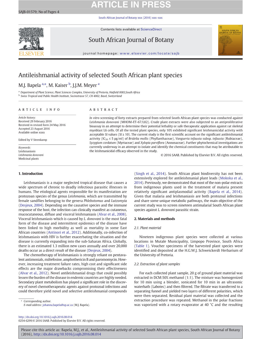 Antileishmanial Activity of Selected South African Plant Species