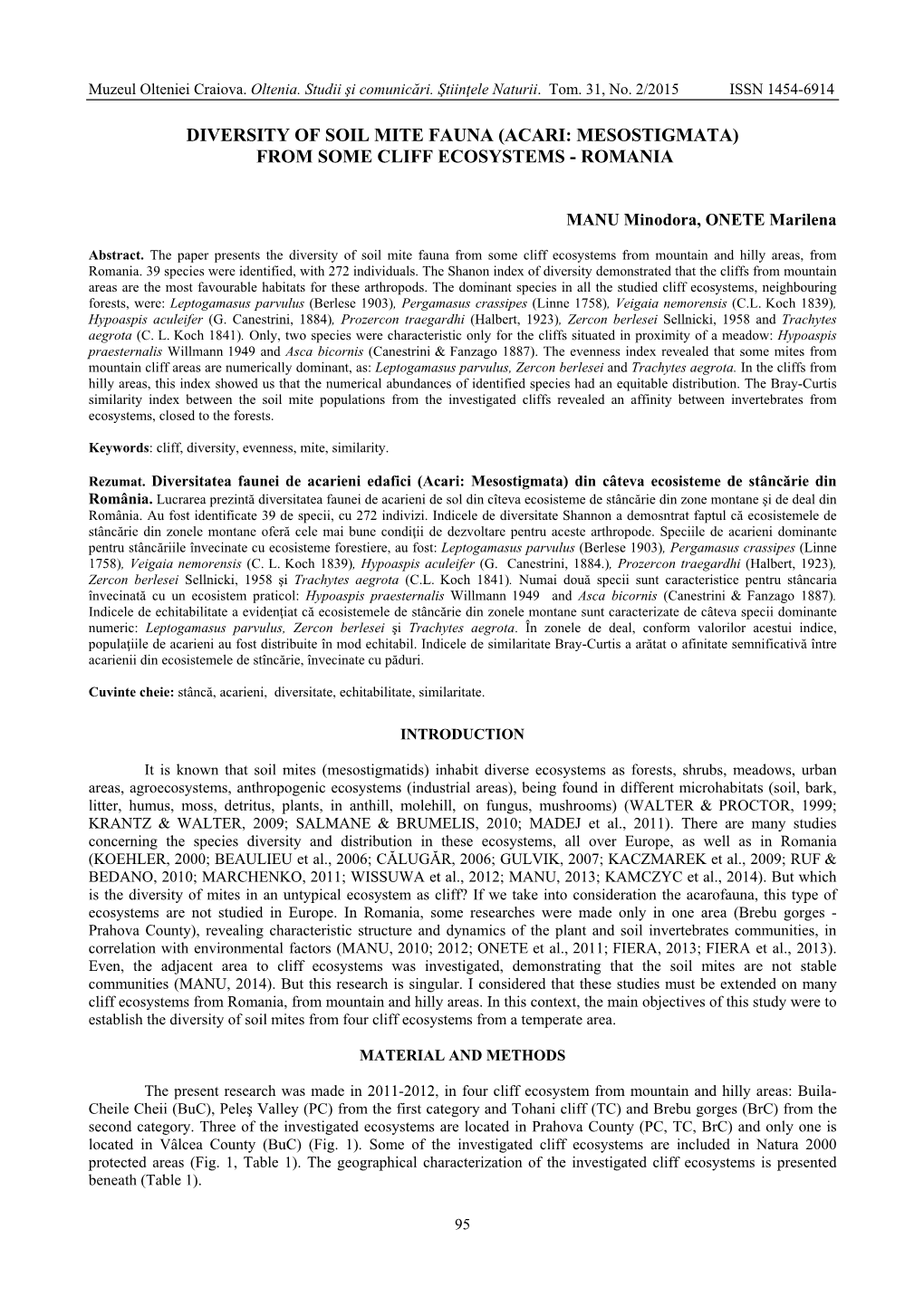 Diversity of Soil Mite Fauna (Acari: Mesostigmata) from Some Cliff Ecosystems - Romania