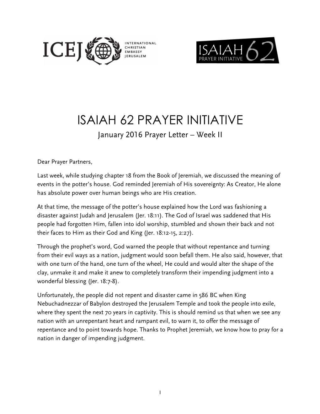 ISAIAH 62 PRAYER INITIATIVE January 2016 Prayer Letter – Week II