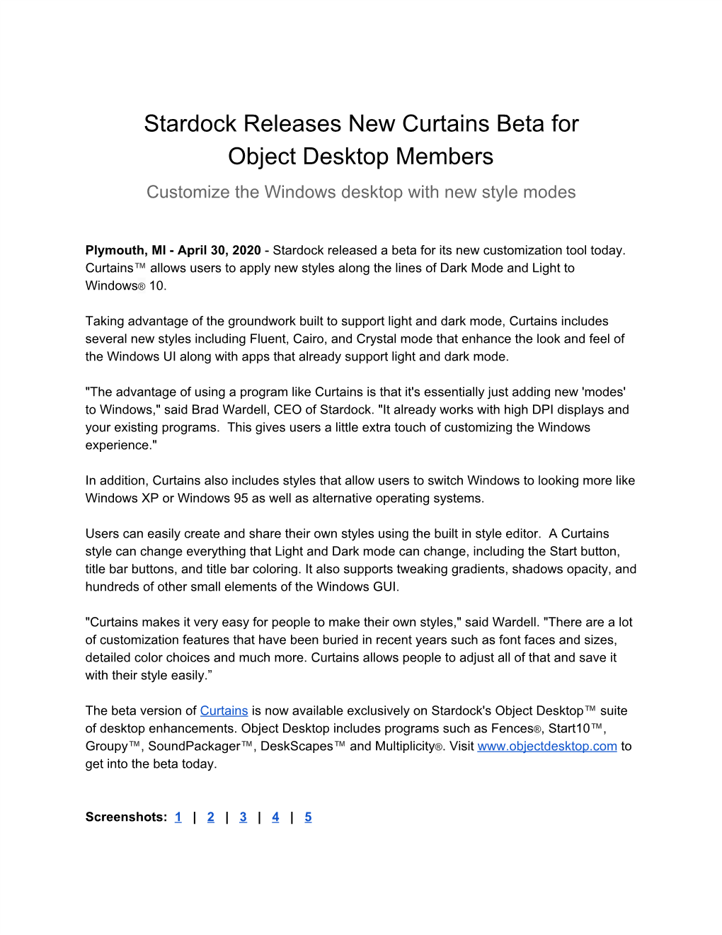 Stardock Releases New Curtains Beta for Object Desktop Members Customize the Windows Desktop with New Style Modes