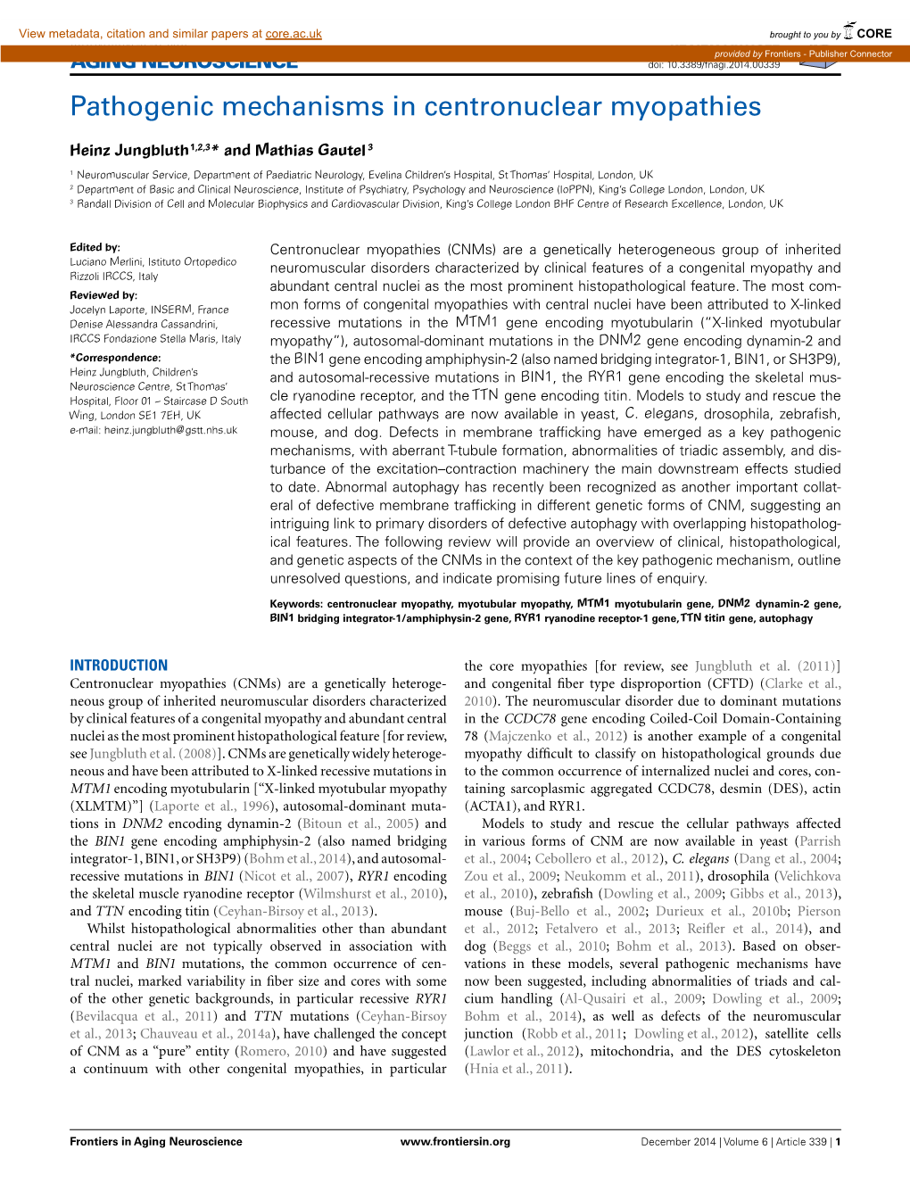 Pathogenic Mechanisms in Centronuclear Myopathies