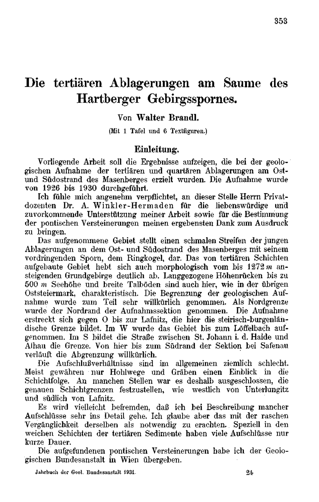 Die Tertiären Ablagerungen Am Saume Des Hartberger Gebirgsspornes. Von Walter Brandl