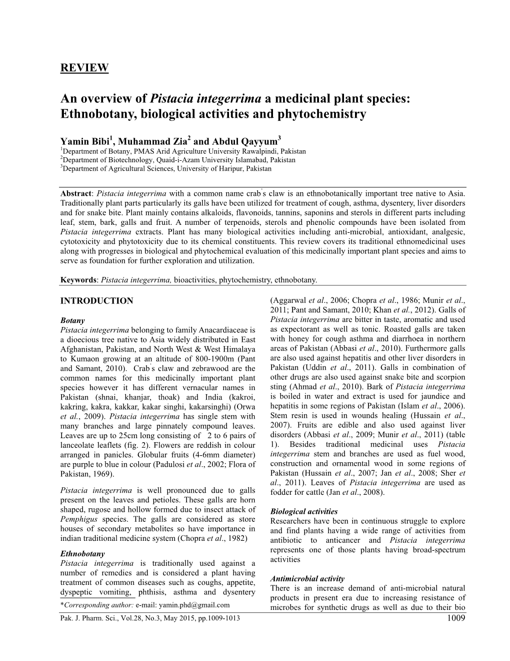 An Overview of Pistacia Integerrima a Medicinal Plant Species: Ethnobotany, Biological Activities and Phytochemistry