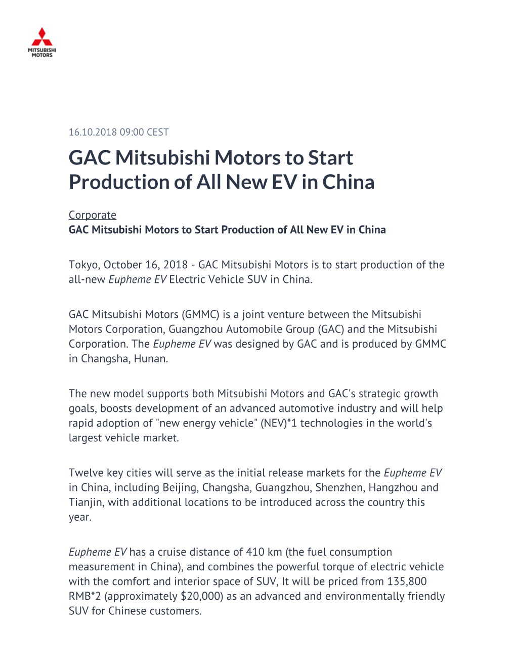 GAC Mitsubishi Motors to Start Production of All New EV in China