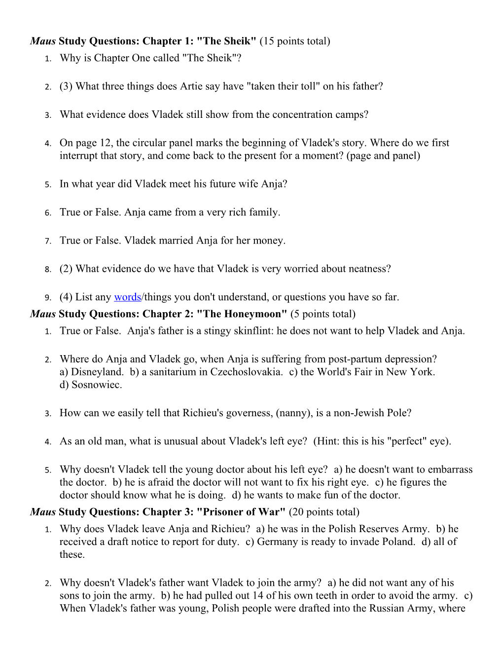 Maus Study Questions: Chapter 1: the Sheik (15 Points Total)