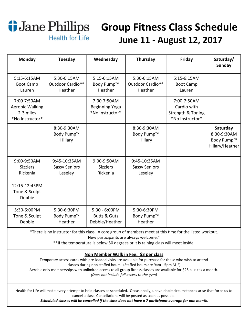 Group Fitness Class Schedule June 11 - August 12, 2017