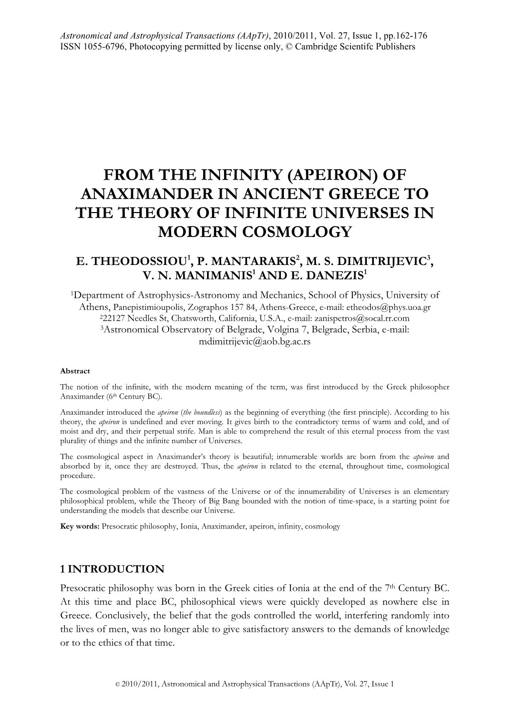 From the Infinity (Apeiron) of Anaximander in Ancient Greece to the Theory of Infinite Universes in Modern Cosmology