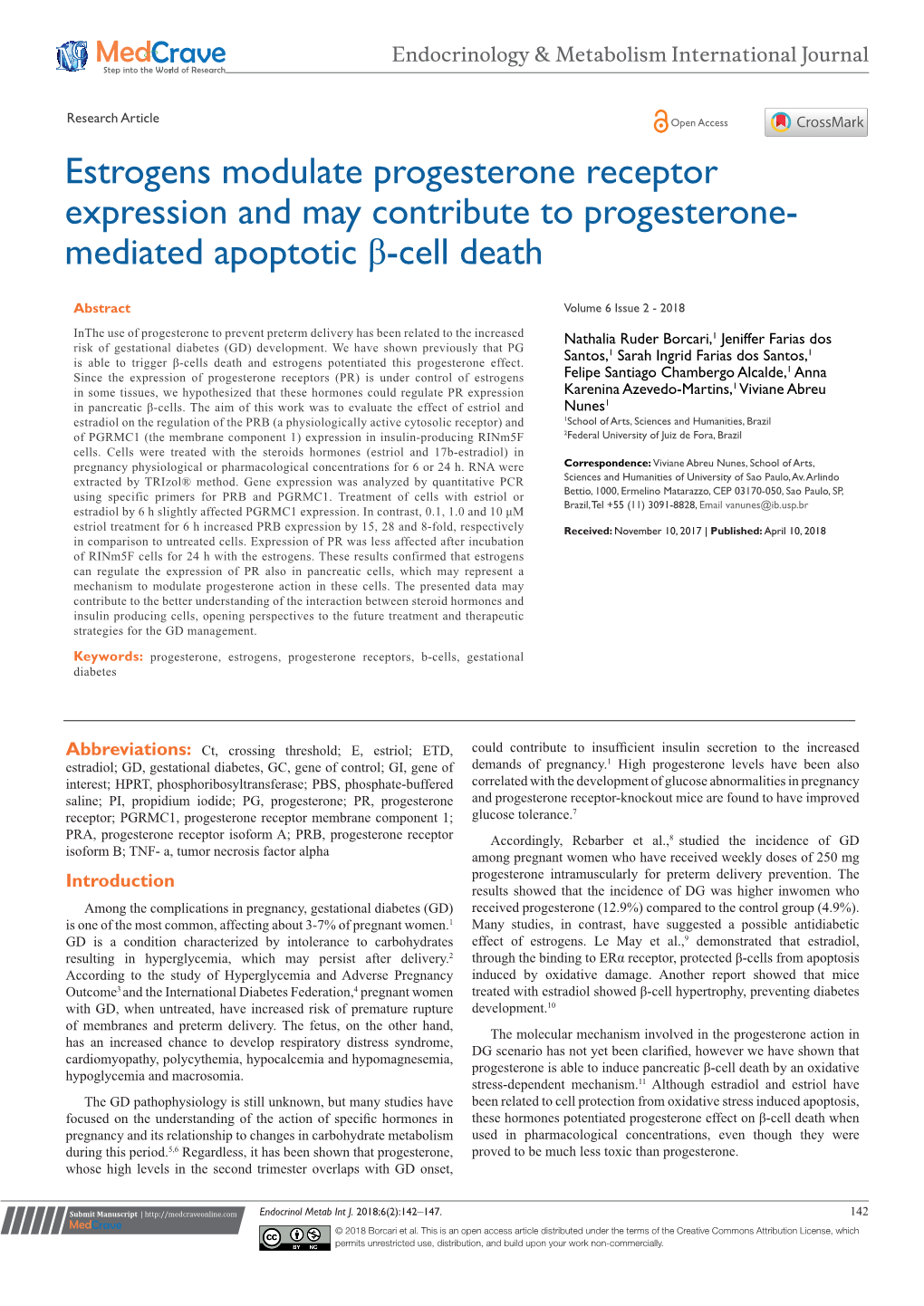 Estrogens Modulate Progesterone Receptor Expression and May Contribute to Progesterone- Mediated Apoptotic Β-Cell Death