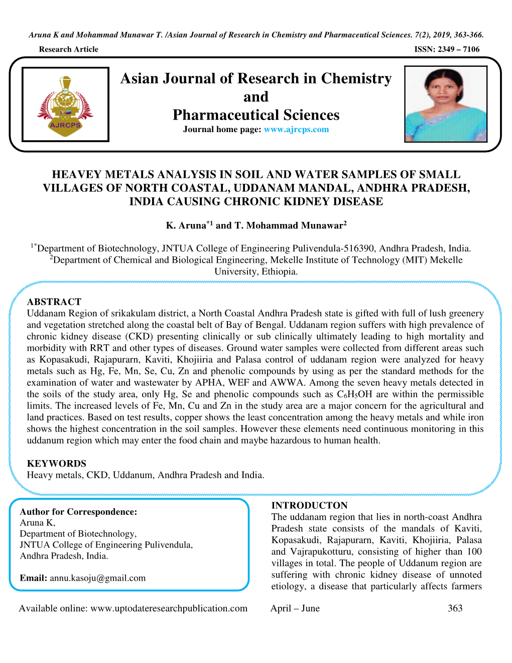 Heavey Metals Analysis in Soil and Water Samples of Small Villages of North Coastal, Uddanam Mandal, Andhra Pradesh, India Causing Chronic Kidney Disease