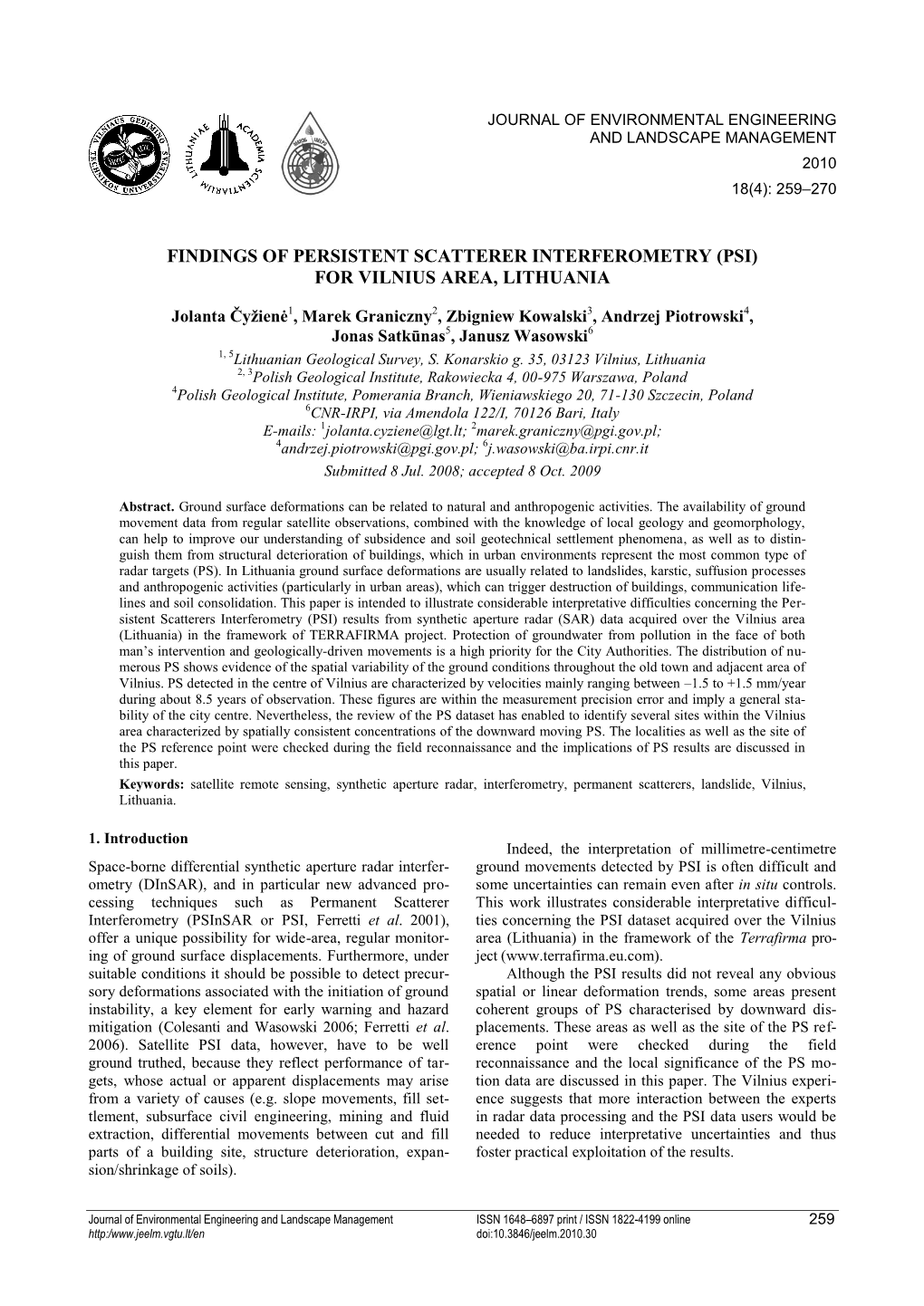 Findings of Persistent Scatterer Interferometry (Psi) for Vilnius Area, Lithuania