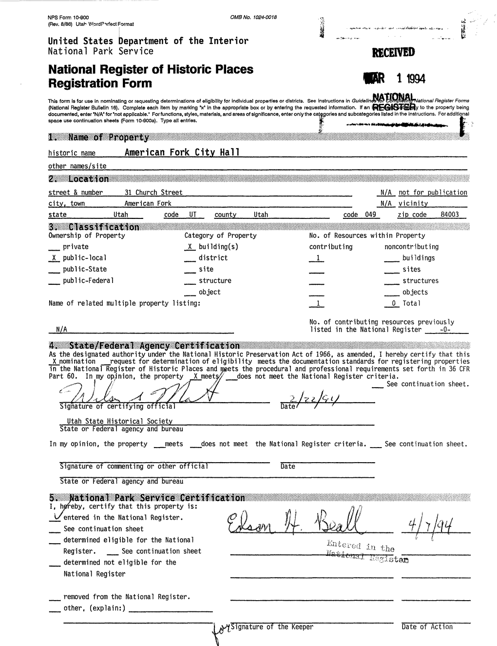 RECEIVED National Register of Historic Places Registration Form 11994