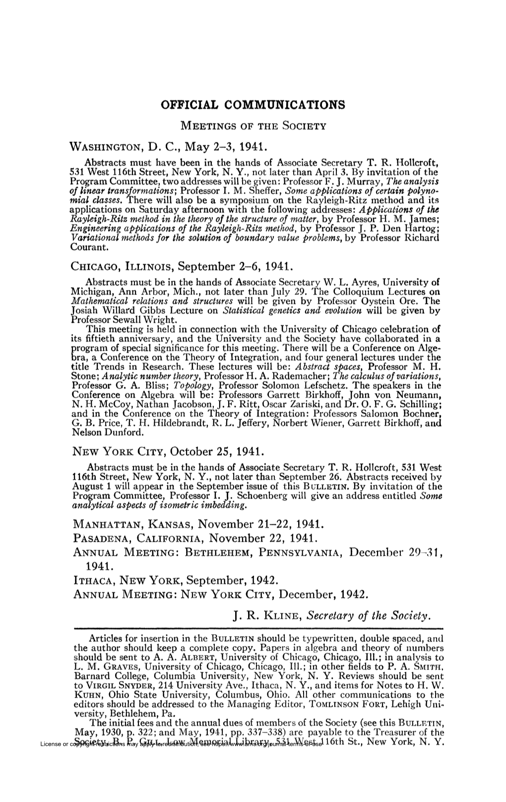 OFFICIAL COMMUNICATIONS 1941. J. R. KLINE, Secretary of the Society