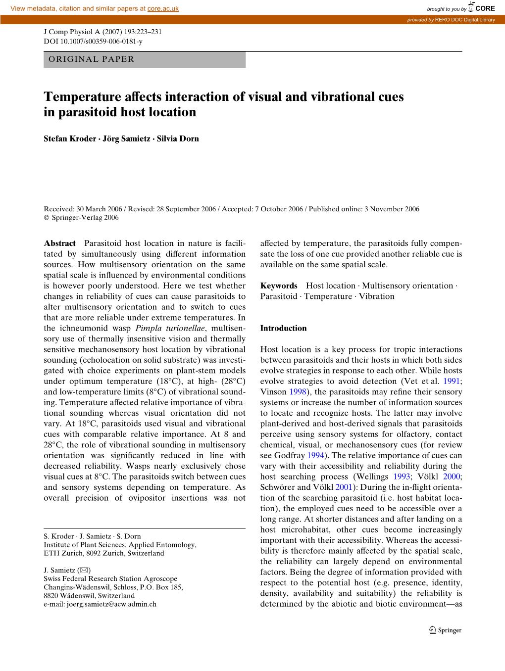 Temperature Avects Interaction of Visual and Vibrational Cues in Parasitoid Host Location